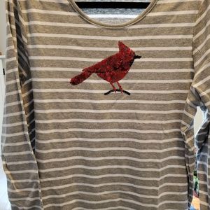 Grey & White Strip Long Sleeve Top with Cardinal